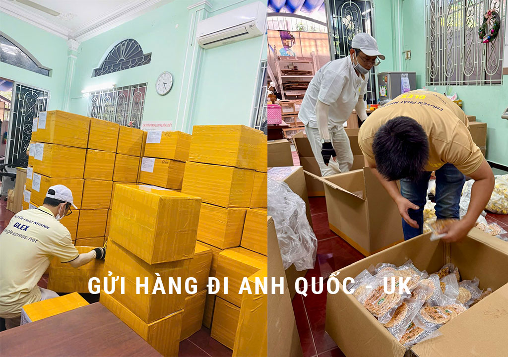 Nhân viên Glexpress đóng gói thực phẩm hút chân không và sắp xếp các thùng carton màu vàng gửi đi Anh Quốc (UK)