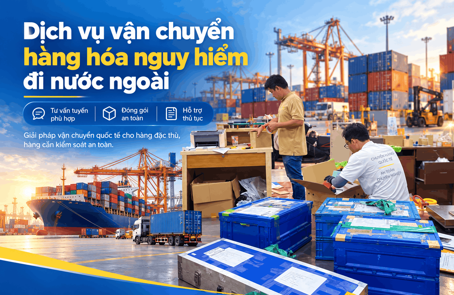 Dịch vụ vận chuyển hàng hóa nguy hiểm đi nước ngoài với nhân viên đóng gói thùng hàng và quy trình logistics tại cảng container