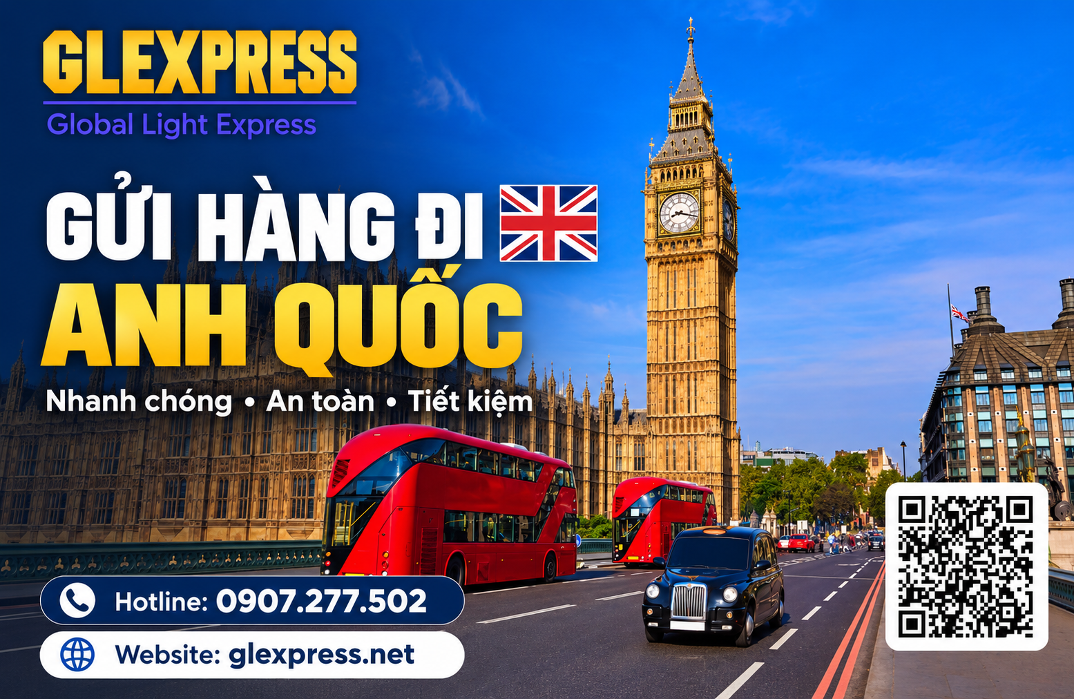 Banner quảng cáo dịch vụ gửi hàng đi Anh Quốc của Glexpress với hình ảnh Tháp Big Ben và xe buýt hai tầng đỏ đặc trưng tại London