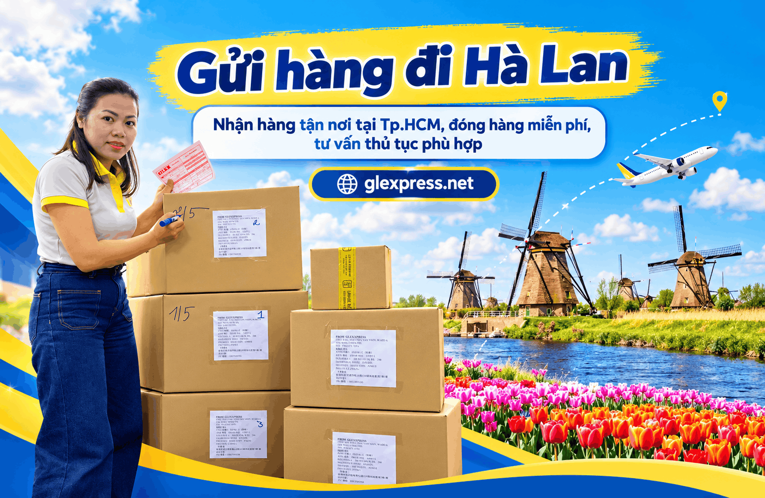 Nữ nhân viên kiểm tra thùng hàng carton bên banner quảng cáo dịch vụ gửi hàng đi Hà Lan của Glexpress