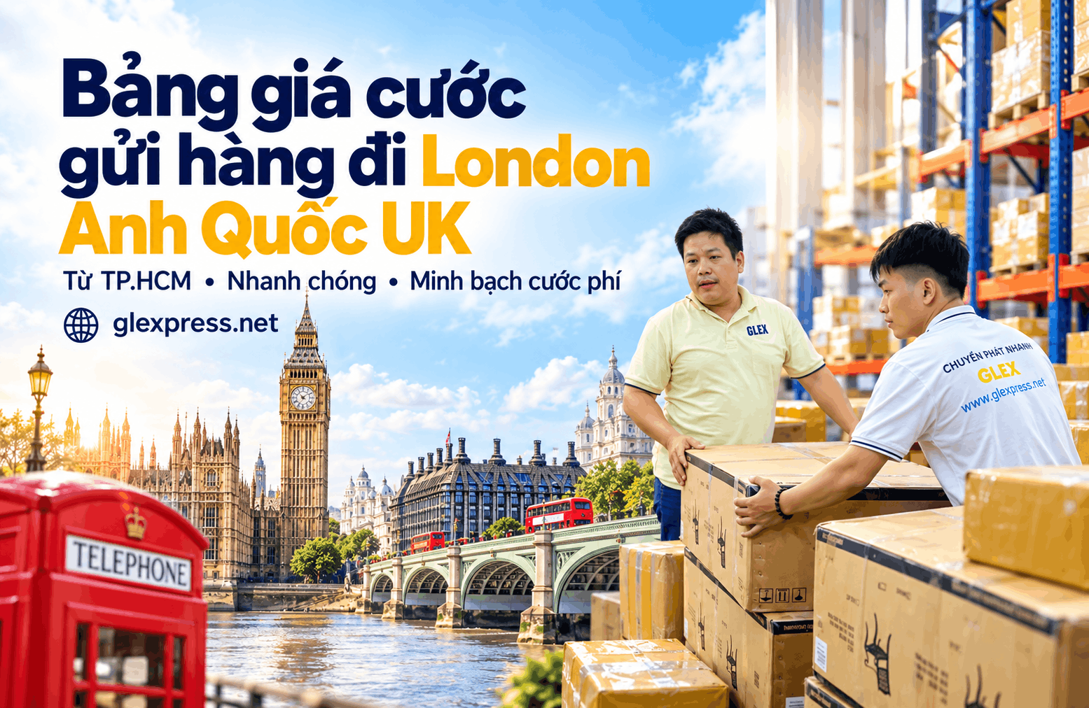 Banner quảng cáo dịch vụ gửi hàng đi London Anh Quốc của GLEX với hình ảnh tháp Big Ben và nhân viên xếp dỡ hàng hóa
