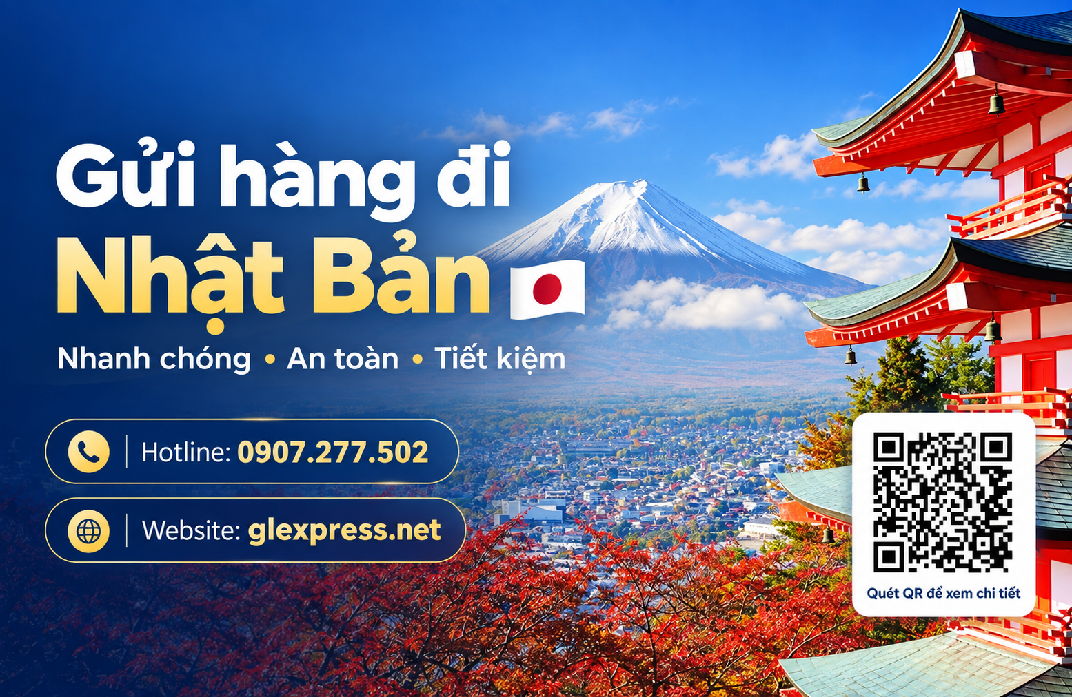 Banner quảng cáo dịch vụ gửi hàng đi Nhật Bản của Glexpress với hình ảnh tháp Chureito và núi Phú Sĩ mùa thu lá đỏ