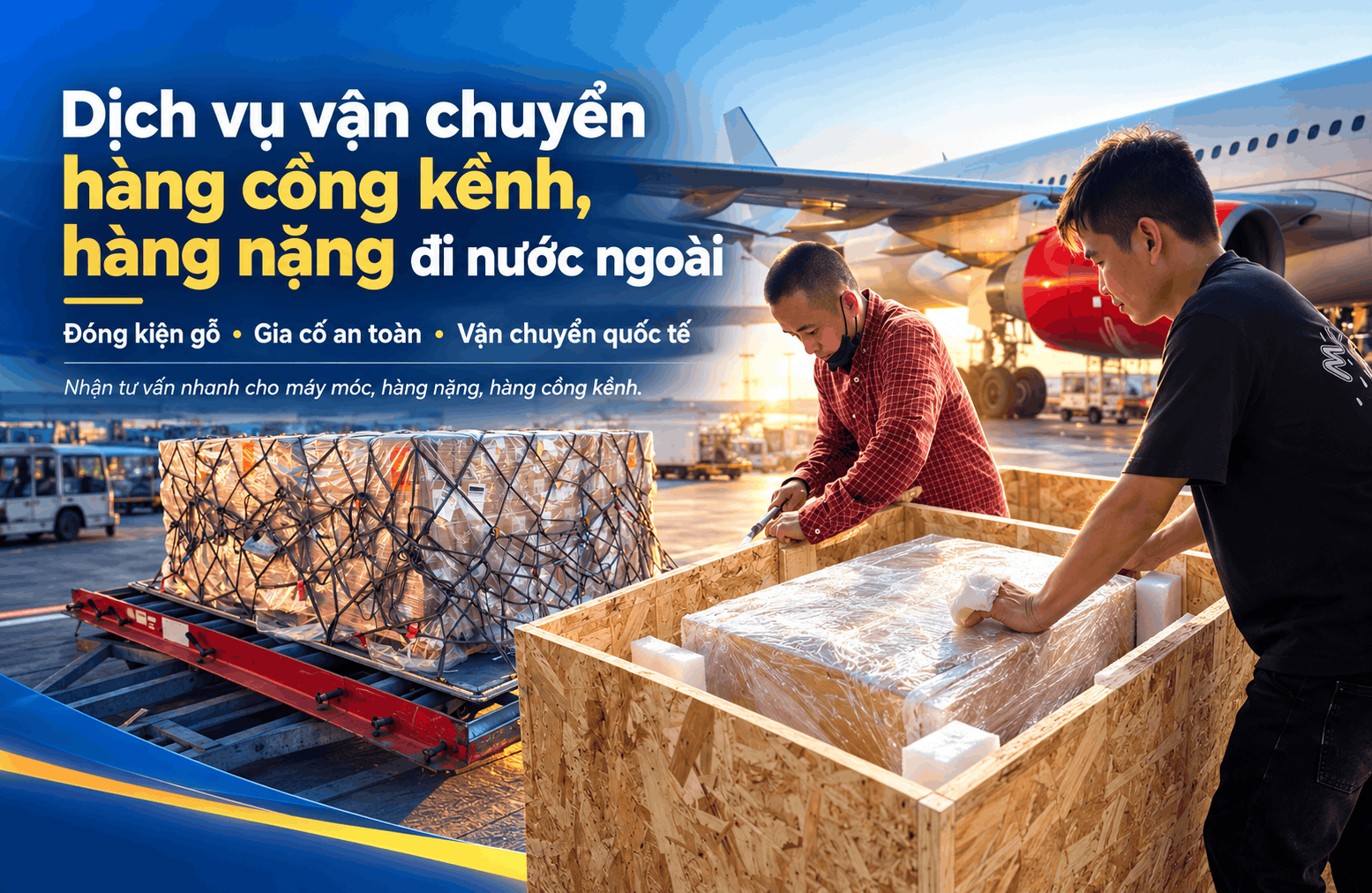Hai nhân viên đang đóng kiện gỗ chứa hàng hóa tại sân bay cạnh máy bay chở hàng, quảng bá dịch vụ vận chuyển hàng nặng quốc tế