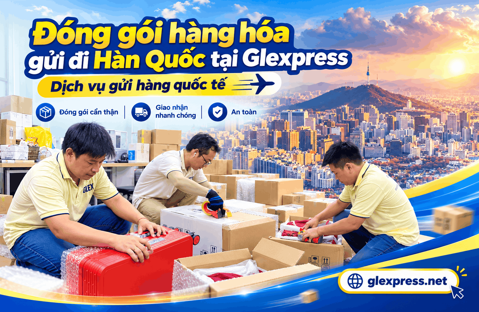 Dịch vụ đóng gói và gửi hàng hóa đi Hàn Quốc chuyên nghiệp tại Glexpress với hình ảnh nhân viên đang dán băng dính thùng hàng trên nền toàn cảnh thành phố Seoul.