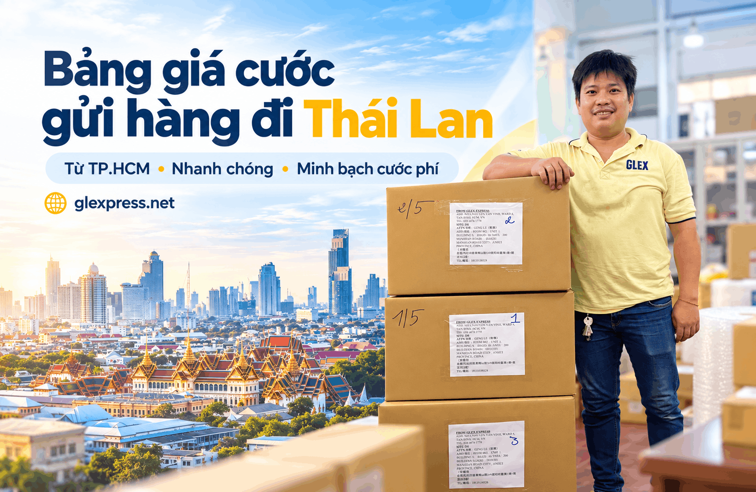 Nhân viên vận chuyển Glexpress bên cạnh các thùng hàng ký gửi đi Thái Lan
