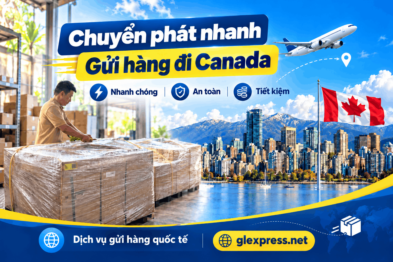 Banner dịch vụ gửi hàng đi Canada của Glexpress với hình ảnh nhân viên đóng gói hàng hóa và thành phố Vancouver