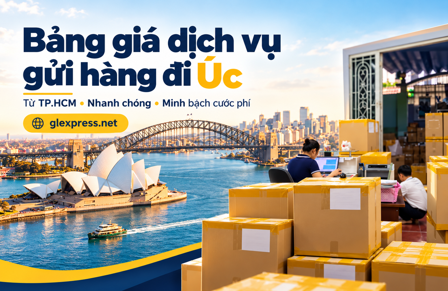 dịch vụ gửi hàng đi Úc của Glexpress với hình ảnh Nhà hát Opera Sydney và các thùng hàng carton đóng gói trong kho.