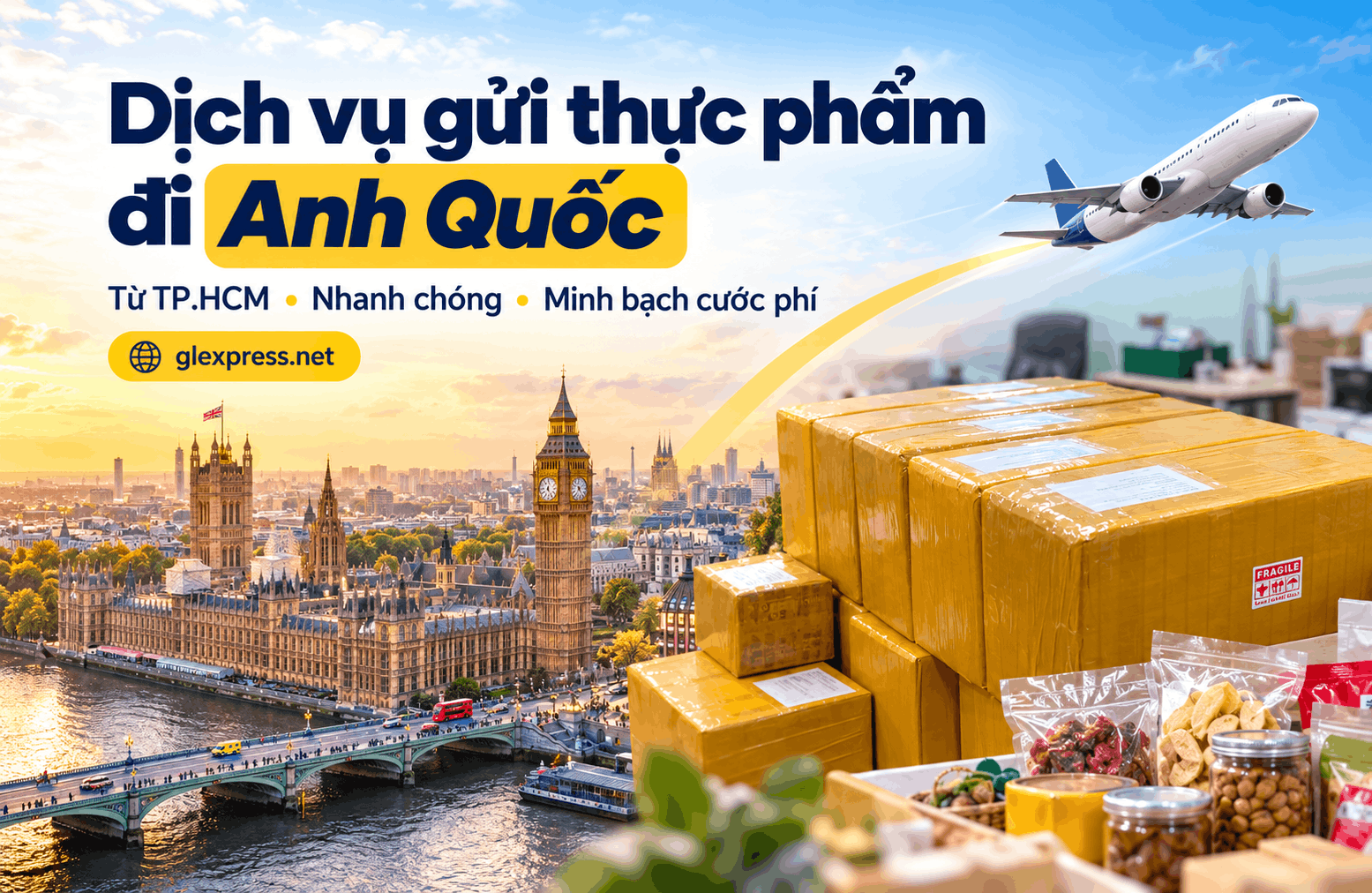 Banner quảng cáo dịch vụ gửi thực phẩm từ TP.HCM đi Anh Quốc của GlExpress với hình ảnh tháp Big Ben và các thùng hàng đóng gói sẵn sàng vận chuyển hàng không.