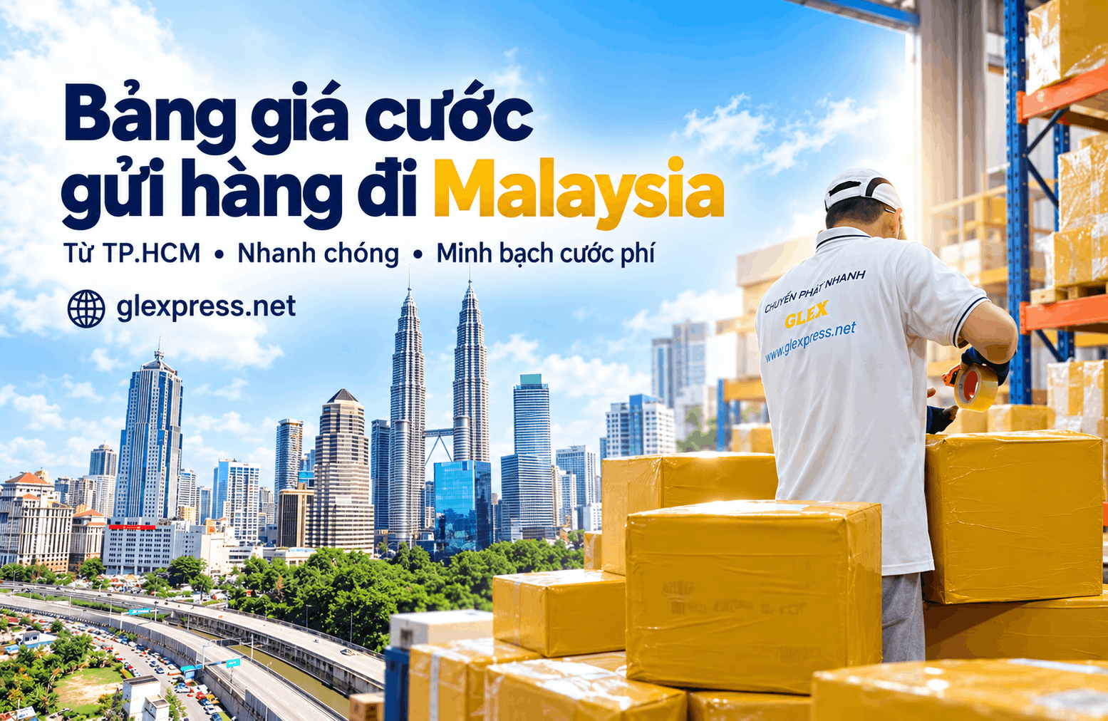 Banner quảng cáo bảng giá cước gửi hàng đi Malaysia từ TP.HCM của Glexpress với hình ảnh đóng gói hàng hóa và tháp đôi Petronas