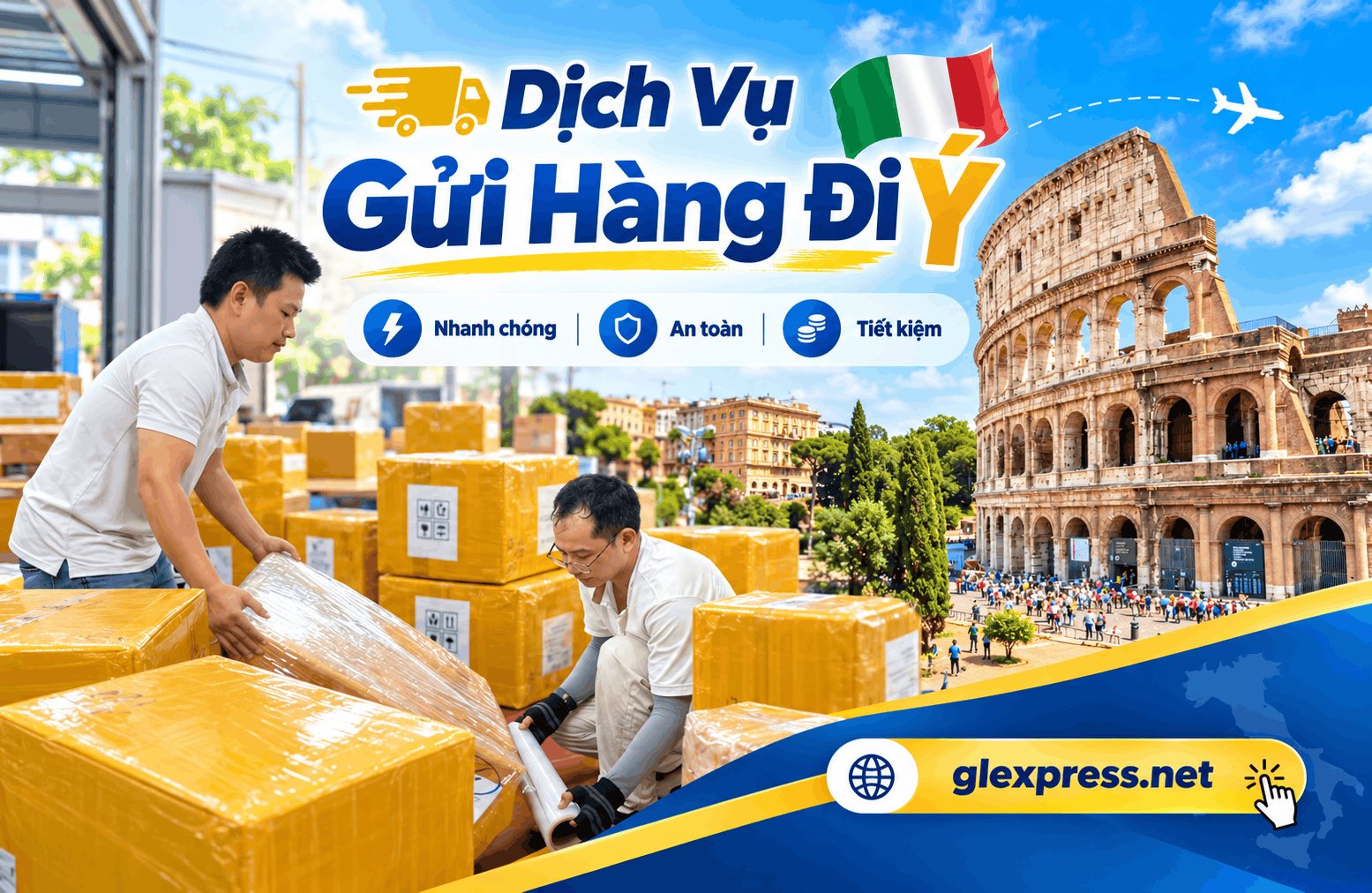 Banner quảng cáo dịch vụ gửi hàng đi Ý với hình ảnh nhân viên đóng thùng hàng và Đấu trường La Mã Colosseum