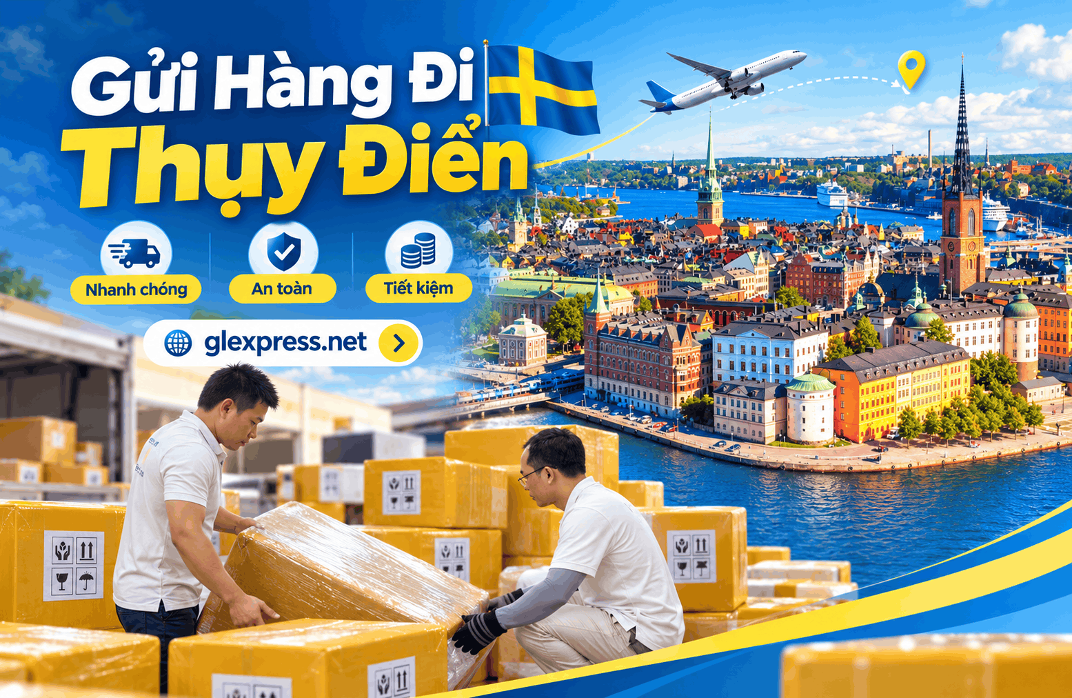 Banner dịch vụ gửi hàng đi Thụy Điển gồm nhân viên đóng gói hàng và quang cảnh thành phố Stockholm