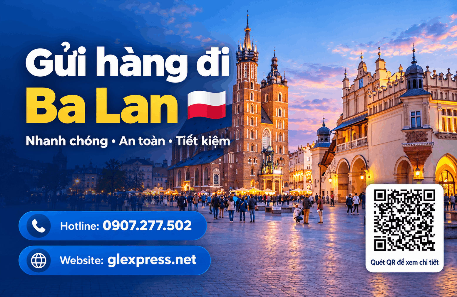 Banner quảng cáo dịch vụ gửi hàng đi Ba Lan của Glexpress với hình nền quảng trường Kraków lúc hoàng hôn và thông tin liên hệ.