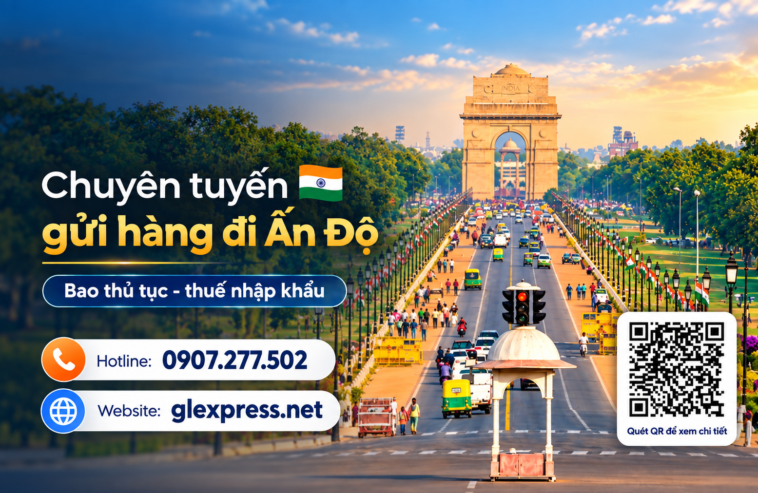 Banner quảng cáo dịch vụ gửi hàng đi Ấn Độ của Glexpress với hình ảnh Cổng Ấn Độ nổi tiếng tại New Delhi